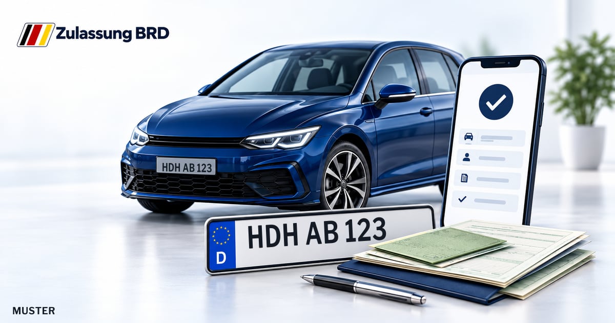 Online Fahrzeugzulassung in Gerstetten: Musterkennzeichen HDH AB 123, Auto und Fahrzeugpapiere und Smartphone. Illustration mit Logo von Zulassung BRD.